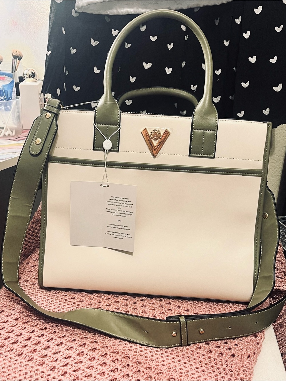 Valentino Orlandi Cream & Olive Green Satchel Handbag – New With Tags